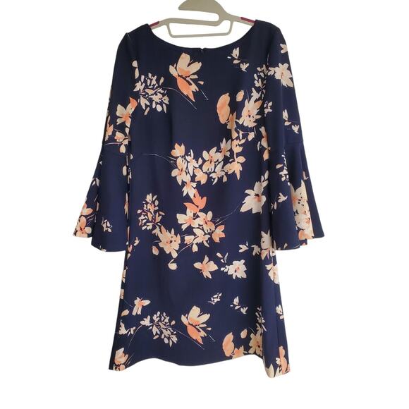 Women's Eliza J Navy & Pink Floral Knee Length Dress w/ Bell Sleeves | Size 8 - Picture 2 of 10